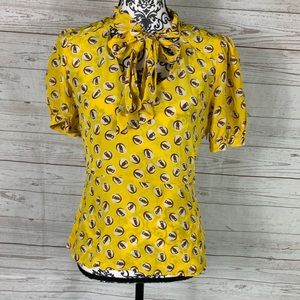 Anthropologie Girls From Savoy Yellow Silk Owl Top